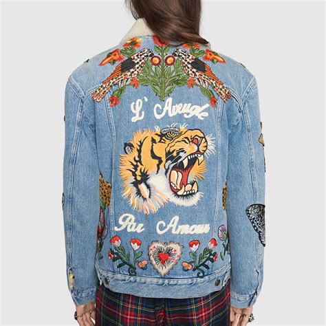 gucci embroidered leather jacket|Gucci denim jacket with embroideries.